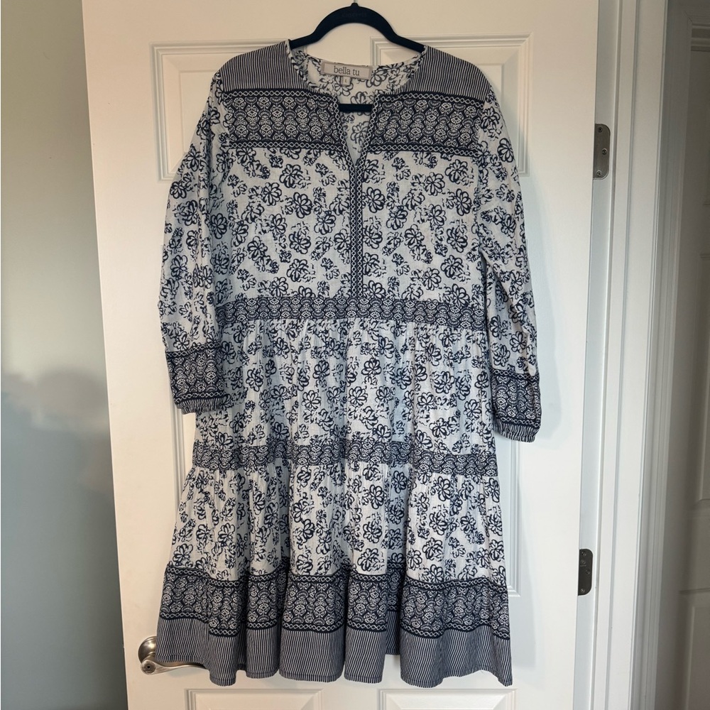 Bella Tu Navy White Floral Patterned Long Sleeve Dress L